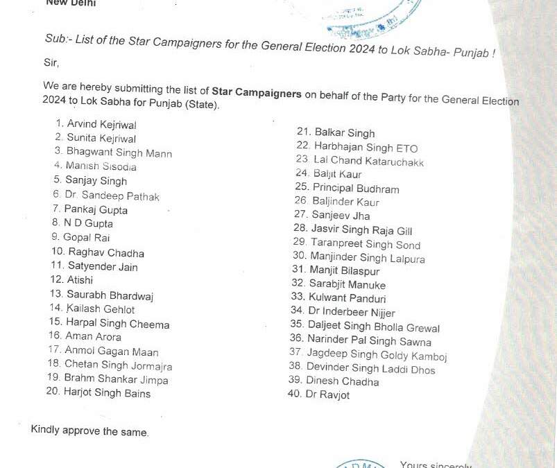 ਆਮ ਆਦਮੀ ਪਾਰਟੀ ਨੇ ਪੰਜਾਬ ਵਿੱਚ ਲੋਕ ਸਭਾ ਚੋਣਾਂ ਲਈ ਆਪਣੇ ਸਟਾਰ ਪ੍ਰਚਾਰਕਾਂ ਦੀ ਸੂਚੀ ਕੀਤੀ ਜਾਰੀ